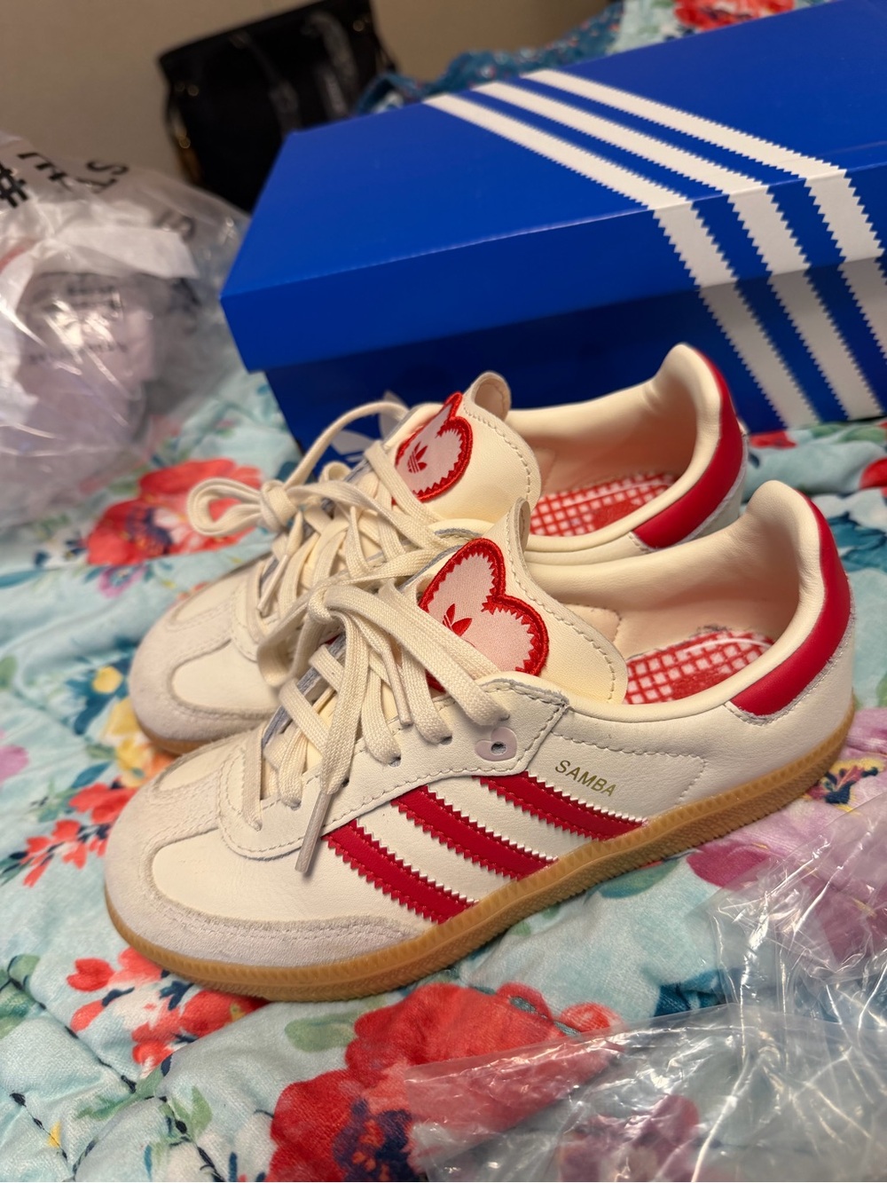 adidas Kids Samba Sneakers in Cream with Red Accents